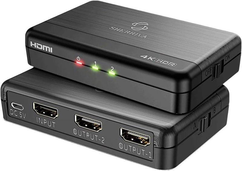 SHERRIVA 4K HDMI Splitter 1 in 2 Out – 4K@60Hz, 1080p@240Hz, HDMI 2.0, Mirror/Duplicate Screens, Auto Downscaling, EDID, 18Gbps, HDCP 2.3, Compatible with Dual Monitors, TV, PS4, Amplifier - Image 1